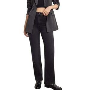 Good American High Rise Straight Black Coated Jeans Waxed Denim Size 6 / 28